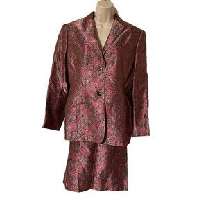 Oscar de la Renta Silk Brocade Fuchsia Gold Floral Paisley Skirt Suit SZ 12 VTG